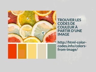 TROUVER LES
CODES DE
COULEUR À
PARTIR D'UNE
IMAGE
http://html-color-
codes.info/colors-
from-image/
 