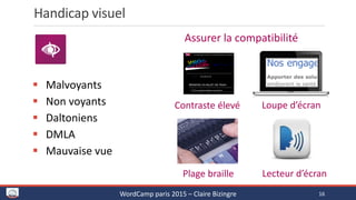 Handicap visuel
Plage braille
Loupe d’écran
Lecteur d’écran
Contraste élevé
 Malvoyants
 Non voyants
 Daltoniens
 DMLA
 Mauvaise vue
Assurer la compatibilité
WordCamp paris 2015 – Claire Bizingre 16
 