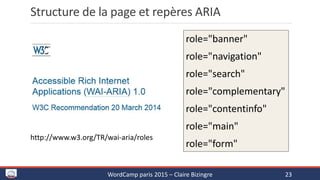 Structure de la page et repères ARIA
WordCamp paris 2015 – Claire Bizingre 23
http://www.w3.org/TR/wai-aria/roles
role="banner"
role="navigation"
role="search"
role="complementary"
role="contentinfo"
role="main"
role="form"
 