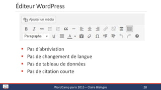 Éditeur WordPress
 Pas d’abréviation
 Pas de changement de langue
 Pas de tableau de données
 Pas de citation courte
WordCamp paris 2015 – Claire Bizingre 28
 