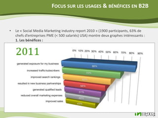 FOCUS SUR LES USAGES & BÉNÉFICES EN B2B


•   Le « Social Media Marketing industry report 2010 » (1900 participants, 63% de
    chefs d’entreprises PME (< 500 salariés) USA) montre deux graphes intéressants :
    1. Les bénéfices :
 