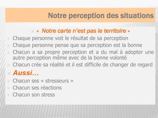 Notre perception des situations
 « Notre carte n’est pas le territoire »
 Chaque personne voit le résultat de sa perception
 Chaque personne pense que sa perception est la bonne
 Chacun a sa propre perception et a du mal à adopter une
autre perception même avec de la bonne volonté
 Chacun crée sa réalité et il est difficile de changer de regard
 Aussi…
 Chacun ses « stresseurs »
 Chacun ses réactions
 Chacun son stress
9
 
