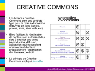 CREATIVE COMMONS Les licences Creative Commons sont des contrats-type pour la mise à disposition d’œuvres en ligne (textes, photos, sons, sites web, etc). Elles facilitent la réutilisation de contenus en autorisant des tiers à exercer des actes (reproduction, diffusion, adaptation) qui nécessitent normalement d'obtenir préalablement l'autorisation des titulaires de droit. Le principe de Creative Commons expliqué  en vidéo 