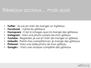 Réseaux sociaux… mais aussi
•
•
•
•
•
•
•
•

Twitter : Je suis en train de manger un #gâteau
Facebook : J'aime les gâteaux
Foursquare : C'est à Limoges que j'ai mangé des gâteaux
Instagram : Voici une photo sympa de mon gâteau
Youtube : Regardez, je suis en train de manger un gâteau
LinkedIn : Parmi mes compétences, je mange des gâteaux
Pinterest : Voici une belle photo de mon gâteau
Google+ : Voici une analyse complète des gâteaux

 