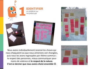 Nous avons individuellement recensé les choses qui
nous choquaient ou que nous aimerions voir changées,
puis nous les avons regroupées par thème commun :
le respect des personnes, mieux communiquer pour
moins de violence et le respect de la nature.
C’est ce dernier que nous avons choisi ensemble .
 