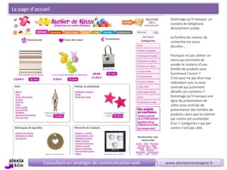 Consultant en stratégie de communication web www.alexiaetcompagnie.fr Dommage qu’il manque  un numéro de téléphone directement visible. La fenêtre du moteur de recherche est assez discrète... Pourquoi ne pas utiliser un menu qui permette de sonder le contenu d’une famille de produits sans forcément l’ouvrir ? C’est pour ne pas être trop redondant avec la zone centrale qui justement détaille ces contenus ? Dommage qu’il manque une ligne de présentation de cette zone centrale de présentation des familles de produits, alors que la colonne par contre est surmontée d’un « Catégories » qui par contre n’est pas utile. La page d’accueil 