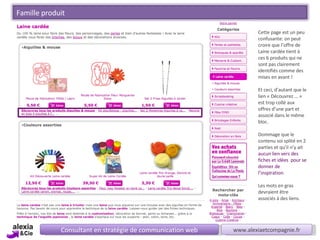 Consultant en stratégie de communication web www.alexiaetcompagnie.fr Cette page est un peu confusante: on peut croire que l’offre de Laine cardée tient à ces 6 produits qui ne sont pas clairement identifiés comme des mises en avant ! Et ceci, d’autant que le lien « Découvrez … »  est trop collé aux offres d’une part et associé dans le même bloc. Dommage que le contenu soi splité en 2 parties et qu’il n’y ait  aucun lien vers des fiches et idées  pour se donner de l’inspiration . Les mots en gras devraient être associés à des liens.  Famille produit 