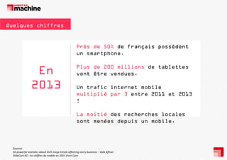 Quelques chiffres

Près de 50% de français possèdent
un smartphone
smartphone.

En
2013

Plus de 200 millions de tablettes
vont être vendues.
Un trafic internet mobile
multiplié par 3 entre 2011 et 2013
!
La moitié des recherches locales
sont menées depuis un mobile.

Sources :
50 powerful statistics about tech mega trends affecting every business – Vala Afhsar
SlideCare #2 : les chiffres du mobile en 2013 from Care

 