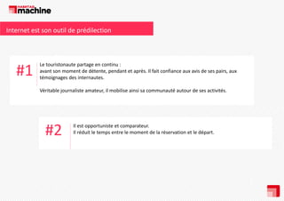 Internet est son outil de prédilection 

#1

Le touristonaute partage en continu : 
p
g
avant son moment de détente, pendant et après. Il fait confiance aux avis de ses pairs, aux 
témoignages des internautes.
Véritable journaliste amateur, il mobilise ainsi sa communauté autour de ses activités.
Vé it bl j
li t
t
il
bili
i i
té t
d
ti ité

#2

Il est opportuniste et comparateur.
Il réduit le temps entre le moment de la réservation et le départ.
Il réduit le temps entre le moment de la réservation et le départ.

 