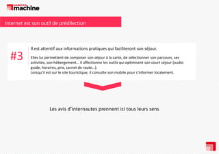 Internet est son outil de prédilection 

#3

Il est attentif aux informations pratiques qui faciliteront son séjour.
Elles lui permettent de composer son séjour à la carte, de sélectionner son parcours, ses 
activités, son hébergement… Il affectionne les outils qui optimisent son court séjour (audio 
guide, horaires, prix, carnet de route…).
guide, horaires, prix, carnet de route…).
Lorsqu’il est sur le site touristique, il consulte son mobile pour s’informer localement.

Les avis d’internautes prennent ici tous leurs sens

 