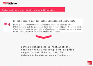 Internet est son outil de prédilection

#4

Il est rassuré par les sites visuellement attractifs.
D’une part, l’esthétique attractive crée un stimuli chez
l’internaute qui le projette dans son futur séjour. D’autre part,
c est
c’est une preuve de sérieux professionnel, vecteur de rassurance
en ce qui concerne la réservation en ligne.

Dans le domaine de la restauration,
cela ce traduit beaucoup dans la prise
de photos des plats : c’est le
phénomène foodstragram ou foodporn.

 