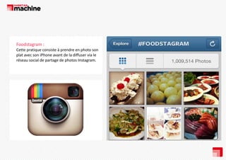 Foodstagram :
Cette pratique consiste à prendre en photo son 
plat avec son iPhone avant de la diffuser via le 
réseau social de partage de photos Instagram.

 