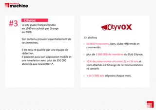 #3

Cityvox
Le city guide français fondée 
L it
id f
i f dé
en 1999 et racheté par Orange 
en 2008.
Son contenu provient essentiellement de 
ces membres. 
Il est relu et qualifié par une équipe de 
Il
l
lifié
é i d
rédaction.
Il possède aussi son application mobile et 
une newsletter avec  plus de 350 000 
une newsletter avec plus de 350 000
abonnés aux newsletters*.

En chiffres 
h ff
› 50 000 restaurants, bars, clubs référencés et 
commentés.
› plus de 1 000 000 de membres du Club Cityvox.
› 55% des internautes ont entre 21 et 34 ans et
55% des internautes ont entre 21 et 34 ans et 
sont attachés à l'échange de recommandations 
et conseils
› + de 5 000 avis déposés chaque mois.

 