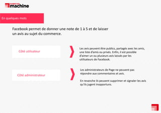 En quelques mots

Facebook permet de donner une note de 1 à 5 et de laisser 
un avis au sujet du commerce.

Côté utilisateur
ôé l

Côté administrateur
Côté administrateur

Les avis peuvent être publics, partagés avec les amis, 
une liste d’amis ou privés. Enfin, il est possible 
d’aimer un ou plusieurs avis laissés par les 
utilisateurs de Facebook.
Les administrateurs de Page ne peuvent pas 
répondre aux commentaires et avis. 
En revanche ils peuvent supprimer et signaler les avis 
qu’ils jugent inopportuns.

 