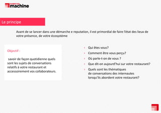 Le principe
Avant de se lancer dans une démarche e reputation, il est primordial de faire l’état des lieux de 
votre présence, de votre écosystème

Objectif : 
Obj tif
savoir de façon quotidienne quels 
sont les sujets de conversations 
sont les sujets de conversations
relatifs à votre restaurant et 
accessoirement vos collaborateurs.

› Qui êtes vous? 
› Comment être vous perçu? 
› Où parle‐t‐on de vous ?
› Que dit‐on aujourd’hui sur votre restaurant? 
d
d’h
?
› Quels sont les thématiques 
de conversations des internautes 
lorsqu’ils abordent votre restaurant?

 