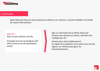 Le principe
Après l’état des lieux de votre présence et influence sur internet, il convient d’établir une feuille 
de route d’interventions.

Objectifs : 
Avoir un plan d’action concrêt, 
Envisager tous les cas de figures afin 
d’être armé en cas de sollicitations 
clients.

Agir sur internaute est la même chose que 
lorsque vous recevez vos clients, sauf que c’est 
multiplié par 10 !
Comme dans votre établissement, 
les règles de la politesse et du savoir vivre sont de 
rigueur sur internet pour gérer les 
g
p
g
mécontentements.

 