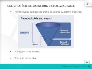 P6
DIGITAL MARKETING SOLUTIONS
UNE STRATÉGIE DE MARKETING DIGITAL MESURABLE
 Nombreuses sources de trafic possibles (2 parmi d’autres)
 « Naturel » vs Payant
 Tout est mesurable !
 