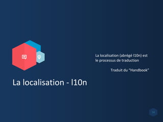 14
La localisation - l10n
La localisation (abrégé l10n) est
le processus de traduction
Traduit du “Handbook”
 
