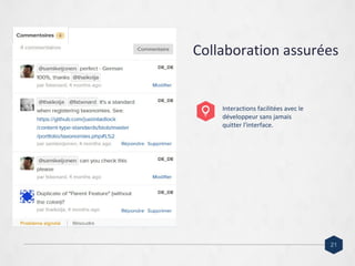Collaboration assurées
21
Interactions facilitées avec le
développeur sans jamais
quitter l'interface.
 