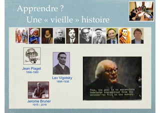 Apprendre ?
Une « vieille » histoire
Jean Piaget
1896-1980
Lev Vigotsky
1896-1936
Jerome Bruner
1915 - 2016
 