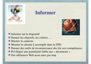 Informer
❖ Informer sur le dispositif
❖ Donner les objectifs, les critères …
❖ Illustrer le contexte
❖ Montrer le chemin à accomplir dans la ZPD
❖ Donner des outils de reconnaissance des (de ses) compétences
❖ Privilégier une granularité faible aux « documents »
❖ Des références Web aussi mais pas trop
 
