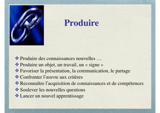 Produire
❖ Produire des connaissances nouvelles …
❖ Produire un objet, un travail, un « signe »
❖ Favoriser la présentation, la communication, le partage
❖ Confronter l’œuvre aux critères
❖ Reconnaître l’acquisition de connaissances et de compétences
❖ Soulever les nouvelles questions
❖ Lancer un nouvel apprentissage
 