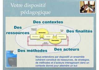 Votre dispositif
pédagogique
Des
ressources
Des contextes
Des acteurs
Des finalités
Nous entendons par dispositif un ensemble
cohérent constitué de ressources, de stratégies,
de méthodes et d’acteurs interagissant dans un
contexte donné pour atteindre un but
Des méthodes
 
