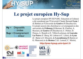 Session S3.4
Enseignant Chercheur
Session S3.4
Enseignant Chercheur
© M. Lebrun, Mars 2014
Le projet européen Hy-Sup
Hy = Dispositifs
Hybrides
Sup = Enseignement
Supérieur
Le projet européen HY-SUP (DG. Education et Culture)
a été coordonné par l'Université Claude Bernard Lyon 1
(E.Bettler) et l'Université de Genève (N.Deschryver).
Ce projet associe des chercheur-e-s et enseignant-es des
universités de Fribourg (S.Borruat, B. Charlier, A.
Rossier), de Genève (N.Deschryver, C. Peltier, D.
Peraya, A. Ronchi et E. Villiot-Leclercq), de Louvain-
La-Neuve (F. Docq, M. Lebrun et C. Letor), de Lyon
(C. Batier et C.Douzet), de Luxembourg (R.Burton et
G. Mancuso) et de Rennes 2 (G. Lameul, C. Morin).
http://prac-hysup.univ-lyon1.fr
 