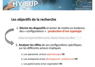 Session S3.4
Enseignant Chercheur
Les	objec)fs	de	la	recherche
1. Décrire	les	disposi)fs	et	tenter	de	me*re	en	évidence	
des	«	conﬁgura6ons	»	:	produc)on	d’une	typologie
2. Analyser	les	eﬀets	de	ces	conﬁgura6ons	spéciﬁques	
sur	les	diﬀérents	acteurs	impliqués	
Utiliser les types identifiés comme VI pour l’étude des effets
a. Les apprenants et leurs apprentissages VD
b. Les enseignants et leur développement professionnel VD
c. Les gestionnaires et leur organisation VD
 