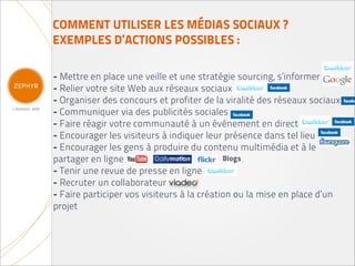 COMMENT UTILISER LES MÉDIAS SOCIAUX ?
EXEMPLES D’ACTIONS POSSIBLES :

- Mettre en place une veille et une stratégie sourcing, s’informer
- Relier votre site Web aux réseaux sociaux
- Organiser des concours et profiter de la viralité des réseaux sociaux
- Communiquer via des publicités sociales
- Faire réagir votre communauté à un événement en direct
- Encourager les visiteurs à indiquer leur présence dans tel lieu
- Encourager les gens à produire du contenu multimédia et à le
partager en ligne
- Tenir une revue de presse en ligne
- Recruter un collaborateur
- Faire participer vos visiteurs à la création ou la mise en place d’un
projet
 