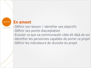 En amont
-Définir son besoin / identifier ses objectifs
-Définir ses points d'acceptation
-Ecouter ce que sa communauté-cible dit déjà de soi
-Identifier les personnes capables de porter ce projet
-Définir les indicateurs de réussite du projet
 