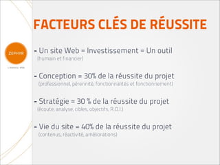 FACTEURS CLÉS DE RÉUSSITE
- Un site Web = Investissement = Un outil
 (humain et financier)


- Conception = 30% de la réussite du projet
 (professionnel, pérennité, fonctionnalités et fonctionnement)


- Stratégie = 30 % de la réussite du projet
 (écoute, analyse, cibles, objectifs, R.O.I.)


- Vie du site = 40% de la réussite du projet
 (contenus, réactivité, améliorations)
 