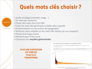 Quels mots clés choisir ?
> Quelle stratégie (notoriété, image ...)
> 2,5 mots par recherche
> Choisir des mots clés à fort ROI
> Eviter les mots clés génériques à faible valeur ajoutée
> Positionnement sur les erreurs de typographie
> Renforcer votre visibilité sur les mots clés utilisés par vos prospects
> Pensez à la longue traine
> Pertinent pour l’internaute
> Choisissez des requêtes géolocalisées



       PLUS UNE EXPRESSION
            EST PRÈCISE
             PLUS ELLE
           TRANSFORME
 