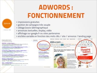 ADWORDS :
           FONCTIONNEMENT
> impressions gratuites
> gestion de campagne très souple
> ciblage (socio-)démographique
> annonces textuelles, display, vidéo
> affichage sur google.fr ou sites partenaires
> enchère variable en fonction des mots clés / site / annonce / landing page
 