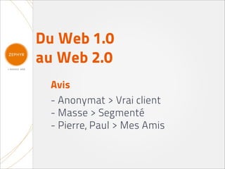 Du Web 1.0
au Web 2.0
 Avis
 - Anonymat > Vrai client
 - Masse > Segmenté
 - Pierre, Paul > Mes Amis
 