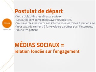 Postulat de départ
- Votre cible utilise les réseaux sociaux
- Les outils sont compatibles avec vos objectifs
- Vous avez les ressources en interne pour les mises à jour et suivi
- Vous avez du contenu à forte valeurs ajoutées pour l’internaute
- Vous êtes patient




MÉDIAS SOCIAUX =
relation fondée sur l’engagement
 