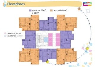 Elevadores
                          Aptos de 63m²       Aptos de 80m²
                          e 65m²




                      8                   7               6


Elevadores Sociais
Elevador de Serviço

                      1                                   5




                      2                   3               4
 