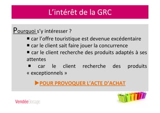 L’intérêt de la GRC
Pourquoi s’y intéresser ?
car l’offre touristique est devenue excédentaire
car le client sait faire jouer la concurrence
car le client recherche des produits adaptés à ses
attentes
car le client recherche des produits
« exceptionnels »
POUR PROVOQUER L’ACTE D’ACHAT
 
