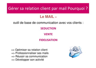 Gérer sa relation client par mail Pourquoi ?
Le MAIL =
outil de base de communication avec vos clients :
SEDUCTION
VENTE
FIDELISATION
=> Optimiser sa relation client
=> Professionnaliser ses mails
=> Réussir sa communication
=> Développer son activité
 