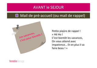 AVANT le SEJOUR
Mail de pré-accueil (ou mail de rappel)
Petite piqûre de rappel !
« Hé Ho !
C’est bientôt les vacances,
On vous attend avec
impatience… Et en plus il va
faire beau ! »
Les vacances,
c’est pour bientôt !
 