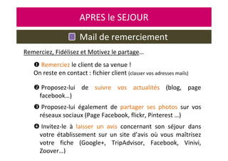 Remerciez le client de sa venue !
On reste en contact : fichier client (classer vos adresses mails)
Proposez-lui de suivre vos actualités (blog, page
facebook…)
Proposez-lui également de partager ses photos sur vos
réseaux sociaux (Page Facebook, flickr, Pinterest …)
Invitez-le à laisser un avis concernant son séjour dans
votre établissement sur un site d’avis où vous maîtrisez
votre fiche (Google+, TripAdvisor, Facebook, Vinivi,
Zoover…)
APRES le SEJOUR
Mail de remerciement
Remerciez, Fidélisez et Motivez le partage…
 