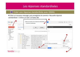 Les réponses standardisées
Créer une réponse standardisée avec GMAIL
Créez un nouveau message, puis enregistrez-le comme « Nouvelle réponse
standardisée ». Entrez un nom et Faites OK.
 
