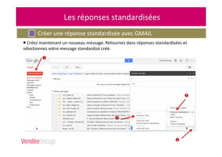 Les réponses standardisées
Créer une réponse standardisée avec GMAIL
Créez maintenant un nouveau message. Retournez dans réponses standardisées et
sélectionnez votre message standardisé créé.
 