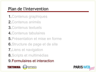 Plan de l'intervention <ul><li>Contenus graphiques </li></ul><ul><li>Contenus animés </li></ul><ul><li>Contenus textuels <...