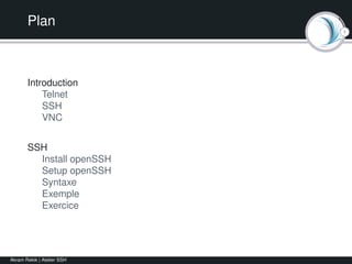 1
Plan
Introduction
Telnet
SSH
VNC
SSH
Install openSSH
Setup openSSH
Syntaxe
Exemple
Exercice
Akram Rekik | Atelier SSH
 
