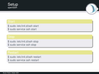 6
Setup
openSSH
Start
$ sudo /etc/init.d/ssh start
$ sudo service ssh start
Stop
$ sudo /etc/init.d/ssh stop
$ sudo service ssh stop
Restart
$ sudo /etc/init.d/ssh restart
$ sudo service ssh restart
Akram Rekik | Atelier SSH
 