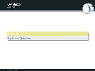 7
Syntaxe
openSSH
Syntaxe
$ ssh user@serveur
Akram Rekik | Atelier SSH
 