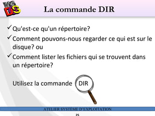 ATELIER SYSTÈME D’EXPLOITATION
Qu'est-ce qu'un répertoire?
Comment pouvons-nous regarder ce qui est sur le​​
disque? ou
Comment lister les fichiers qui se trouvent dans
un répertoire?
Utilisez la commande DIR
La commande DIR
 