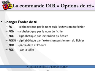 ATELIER SYSTÈME D’EXPLOITATION
• Changer l’ordre de tri
– /O - alphabétique par le nom puis l’extension du fichier
– /ON - alphabétique par le nom du fichier
– /OE - alphabétique par ‘extension du fichier
– /OEN - alphabétique par l’extension puis le nom du fichier
– /OD - par la date et l’heure
– /OS - par la taille
La commande DIR « Options de tri»
 