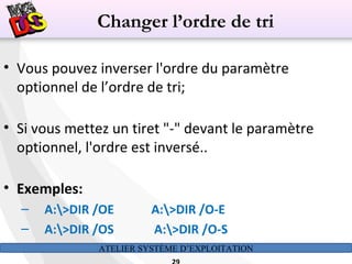 ATELIER SYSTÈME D’EXPLOITATION
• Vous pouvez inverser l'ordre du paramètre
optionnel de l’ordre de tri;
• Si vous mettez un tiret "-" devant le paramètre
optionnel, l'ordre est inversé..
• Exemples:
– A:>DIR /OE A:>DIR /O-E
– A:>DIR /OS A:>DIR /O-S
Changer l’ordre de tri
 